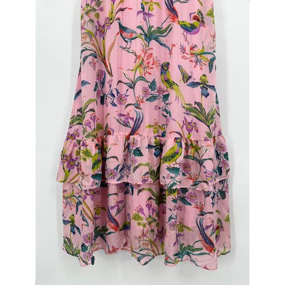 Banjanan 100% Silk Marina Dress Chiffon Maxi Dress Floral V-Neck Ruffle Tiered - Picture 5 of 15